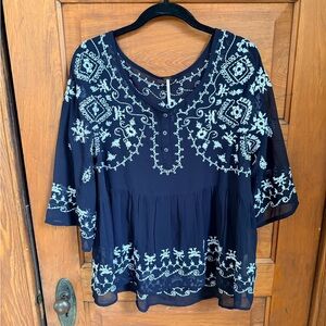 Free People Navy Blouse with White Embroidery